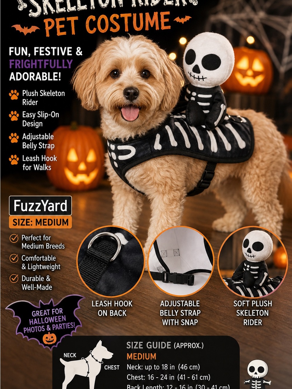 FuzzYard Medium Black Skeleton Rider Dog Costume